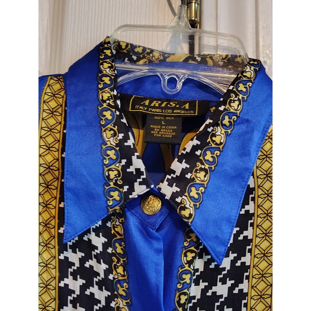 VTG 80s 90s Aris A 100% Silk Baroque Houndstooth Blouse L Royal Blue Gold... - Picture 11 of 11
